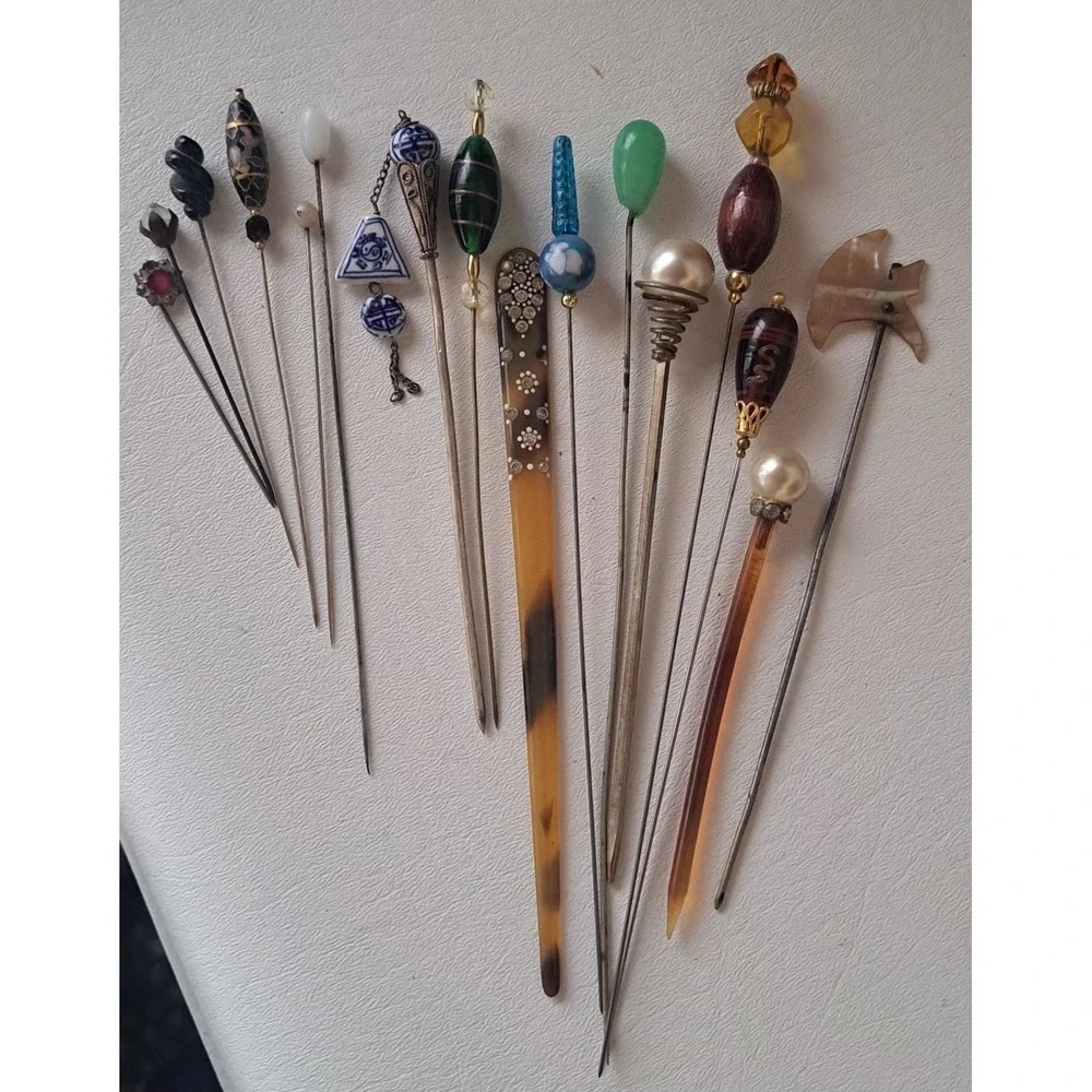 Lot Of 15 Antique Hatpins Jade Glass Lucite Porcelain Cloisonné